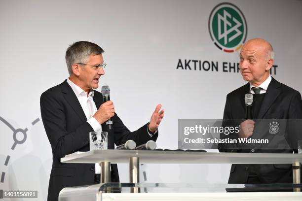 President Bernd Neuendorf and FC Bayern Muenchen president Herbert Hainer talk during the Club 100 awarding ceremony at Werk7 Theater on June 07,...