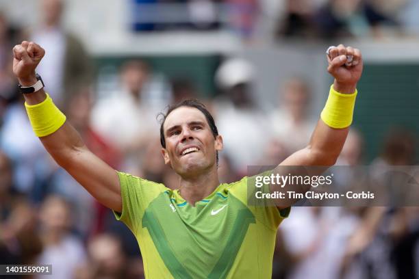 Rafael Nadal of Spain reacts to his victory against Casper Rudd of Norway during the Singles Final for Men on Court Philippe Chatrier at the 2022...