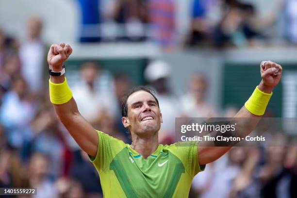 Rafael Nadal of Spain reacts to his victory against Casper Rudd of Norway during the Singles Final for Men on Court Philippe Chatrier at the 2022...