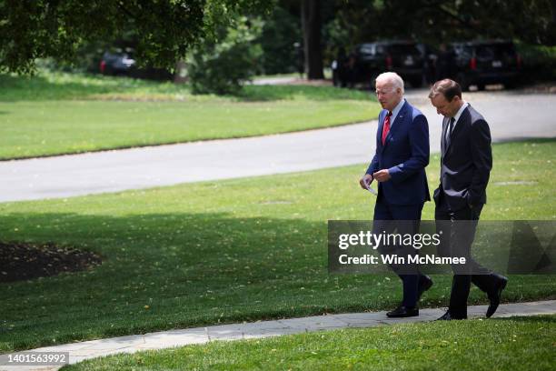 President Joe Biden talks with Sen. Chris Murphy outside the Oval Office of the White House on June 07, 2022 in Washington, DC. Biden and Murphy...