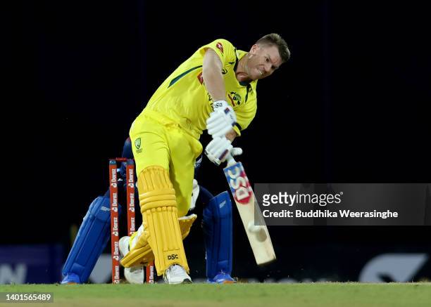 Australian batsman David Warner bats during the 1st match in the T20 International series between Sri Lanka and Australia at R. Premadasa Stadium on...