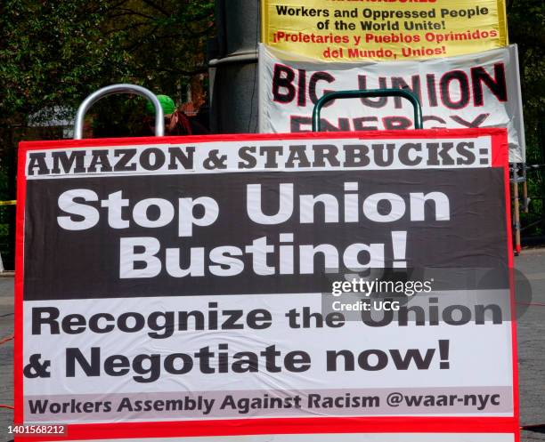 Amazon and Starbucks stop Union Busting sign, International Workers Day, United Against Union Busting March and Rally, Workers Circle, Amazon Labor...