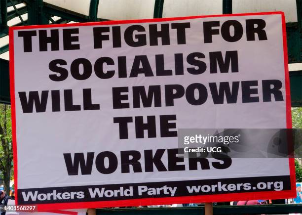 The Fight for Socialism will Empower Workers sign, International Workers Day, United Against Union Busting March and Rally, Workers Circle, Amazon...