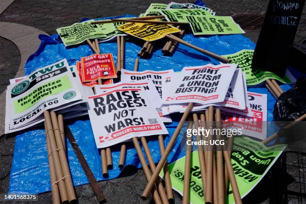 Stacks of signs ready for politcal Rally, International Workers Day, United Against Union Busting March and Rally, Workers Circle, Amazon Labor...