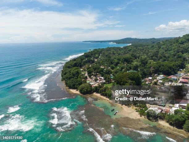 puerto viejo, costa rica: aerial view of the puerto viejo town by the caribbean sea - limon stock-fotos und bilder