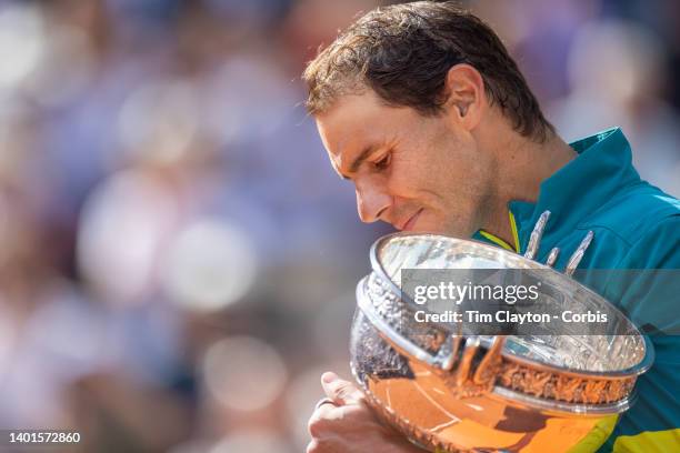 Rafael Nadal of Spain with the winners trophy after his victory against Casper Rudd of Norway during the Singles Final for Men on Court Philippe...