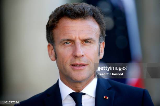 French President Emmanuel Macron makes a statement during a joint press conference with Prime Minister of the Czech Republic, Petr Fiala prior to...