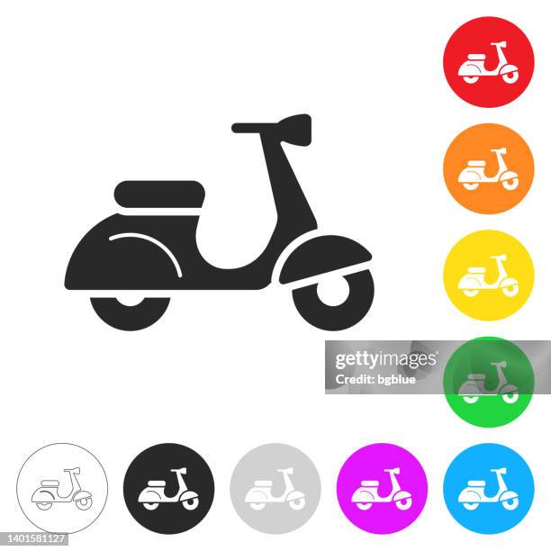 scooter motorcycle - side view. icon on colorful buttons - motor scooter stock illustrations