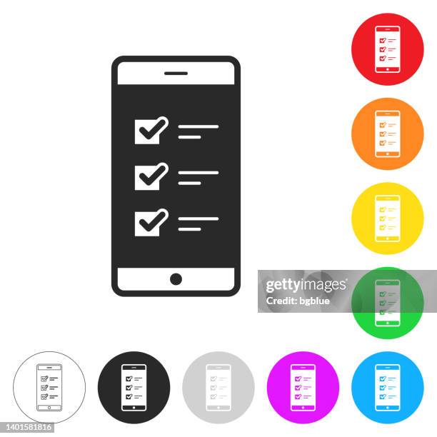 ilustrações de stock, clip art, desenhos animados e ícones de smartphone with checklist. icon on colorful buttons - tick circle