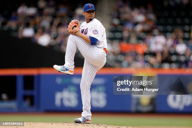 Carlos Carrasco of the New York Mets pitches during the second inning against the Washington Nationals at Citi Field on June 1, 2022 in New York City.