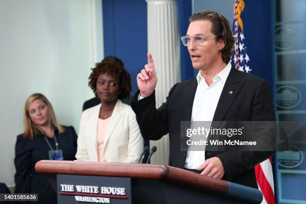 After meeting with President Joe Biden, Actor Matthew McConaughey joins White House Press Secretary Karine Jean-Pierre during the daily news...