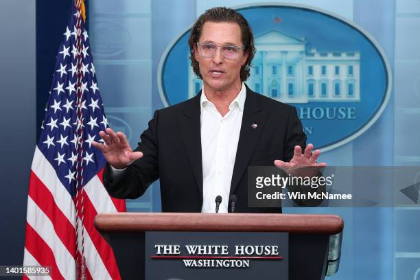 After meeting with President Joe Biden, Actor Matthew McConaughey talks to reporters during the daily news conference in the Brady Press Briefing...