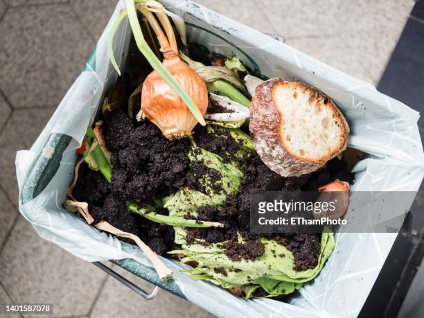 view from above into compost bucket on the balcony of an apartment - small plastic bag stock pictures, royalty-free photos & images