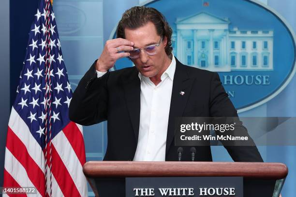After meeting with President Joe Biden, actor Matthew McConaughey talks to reporters during the daily news conference in the Brady Press Briefing...
