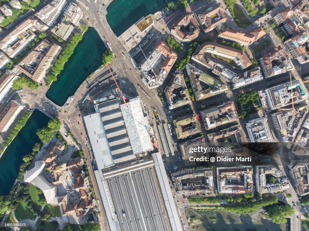 Top down view of Zurich train station and business district, Switzerland