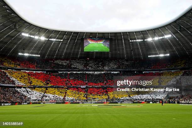 Germany fans unveil a tifo prior to the UEFA Nations League League A Group 3 match between Germany and England at Allianz Arena on June 07, 2022 in...