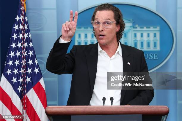 After meeting with President Joe Biden, actor Matthew McConaughey talks to reporters during the daily news conference in the Brady Press Briefing...