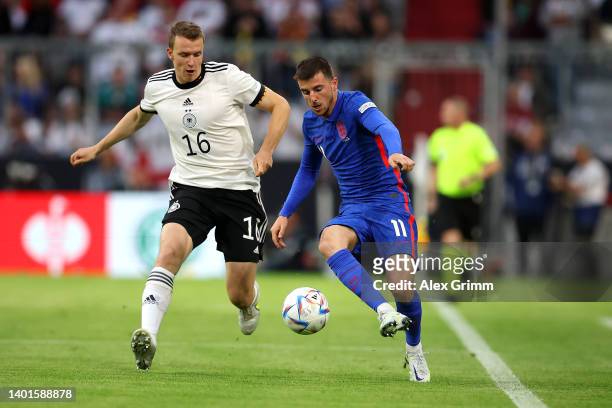 Lukas Klostermann of Germany battles for possession with Mason Mount of England during the UEFA Nations League League A Group 3 match between Germany...