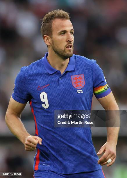 Harry Kane of England looks on during the UEFA Nations League League A Group 3 match between Germany and England at Allianz Arena on June 07, 2022 in...
