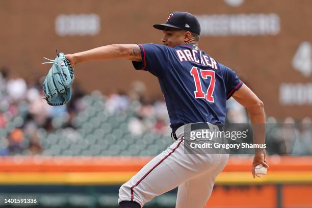 Chris Archer of the Minnesota Twins throws a first inning pitch against the Detroit Tigers at Comerica Park on June 02, 2022 in Detroit, Michigan.