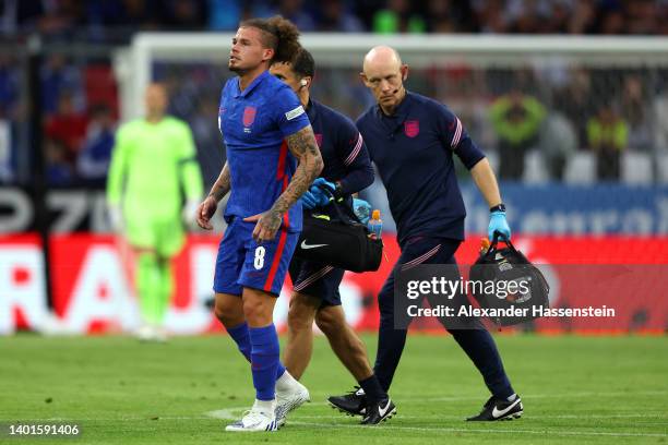 Kalvin Phillips of England is substituted after an injury during the UEFA Nations League League A Group 3 match between Germany and England at...