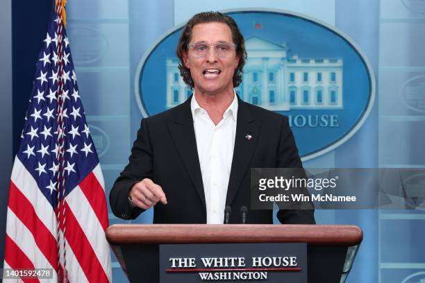 After meeting with President Joe Biden, actor Matthew McConaughey talks to reporters during the daily news conference in the Brady Press Briefing...