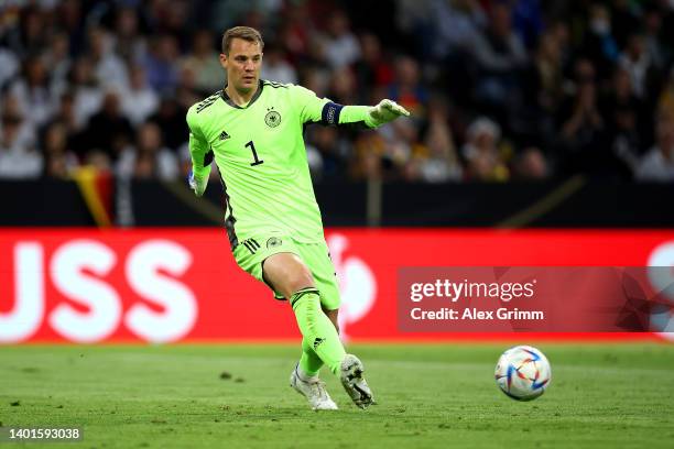 Manuel Neuer of Germany passes the ball during the UEFA Nations League League A Group 3 match between Germany and England at Allianz Arena on June...