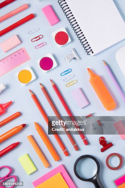 back to school knolling with school supplies - writing instrument stock pictures, royalty-free photos & images