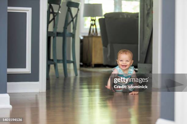 nine month old baby boy having fun crawling on floor - crawling stock pictures, royalty-free photos & images