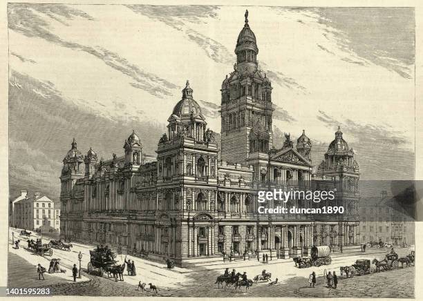 victorian architecture, glasgow city chambers or municipal buildings, george square, glasgow, scotland, 19th century - traditional culture stock illustrations