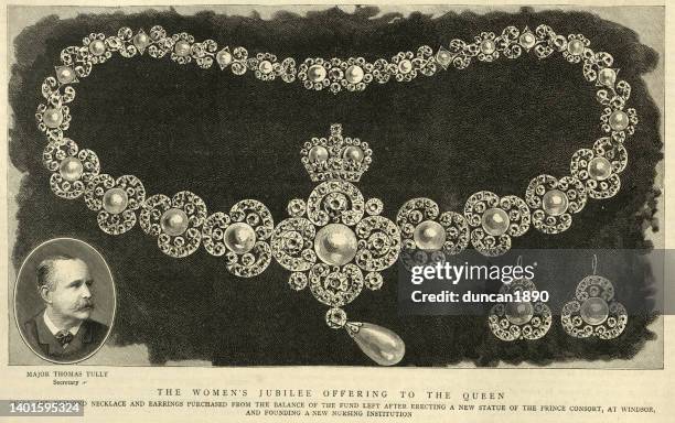 pearl and diamond nacklace and earrings jubilee gift for queen victoria, 19th century - golden jubilee stock illustrations