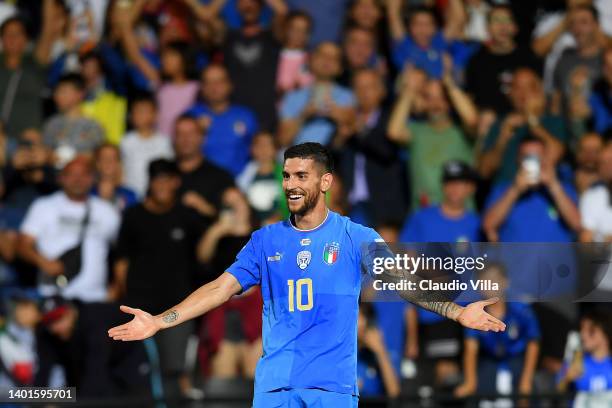 Lorenzo Pellegrini of Italy celebrates after scoring their team's second goal during the UEFA Nations League League A Group 3 match between Italy and...