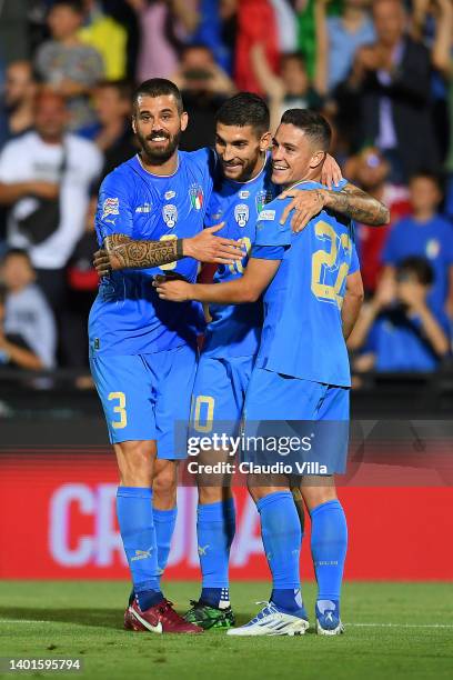 Lorenzo Pellegrini of Italy celebrates with teammates after scoring their team's second goal during the UEFA Nations League League A Group 3 match...