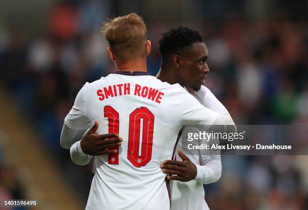 Folarin Balogun of England U21 celebrates with Emile Smith Rowe after scoring the opening goal during the UEFA European Under-21 Championship...