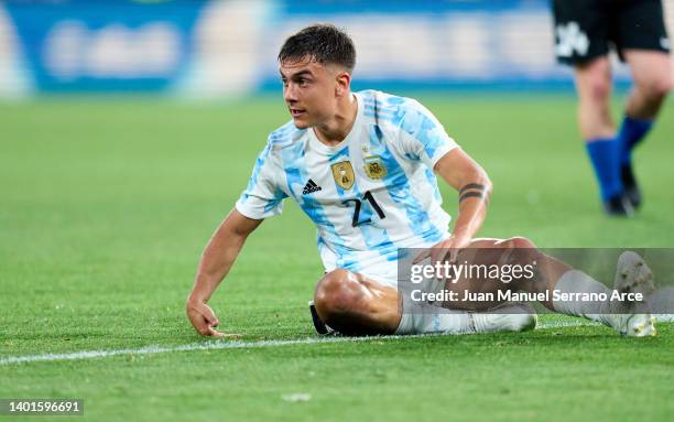 Paulo Dybala of Argentina reacts during the international friendly match between Argentina and Estonia at Estadio El Sadar on June 05, 2022 in...