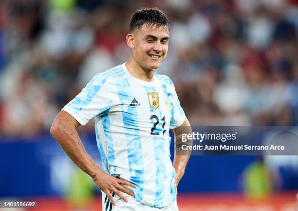 Paulo Dybala of Argentina reacts during the international friendly match between Argentina and Estonia at Estadio El Sadar on June 05, 2022 in...