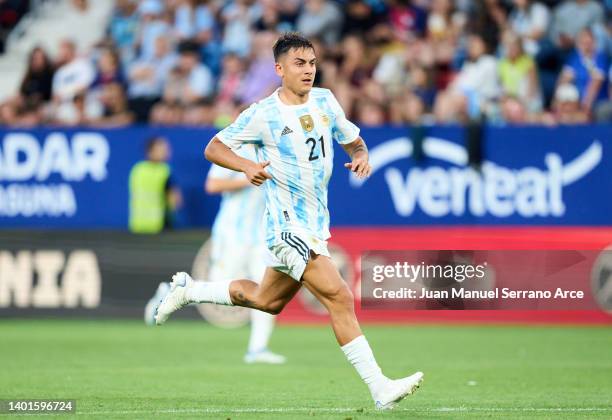 Paulo Dybala of Argentina in action during the international friendly match between Argentina and Estonia at Estadio El Sadar on June 05, 2022 in...