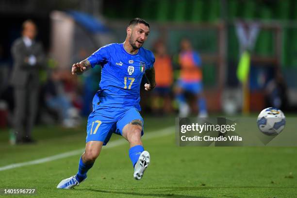 Matteo Politano of Italy passes the ball during the UEFA Nations League League A Group 3 match between Italy and Hungary on June 07, 2022 in Cesena,...