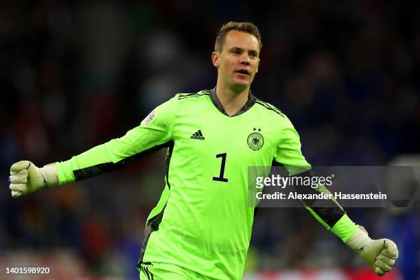 Manuel Neuer celebrates after Jonas Hofmann of Germany scored their sides first goal during the UEFA Nations League League A Group 3 match between...