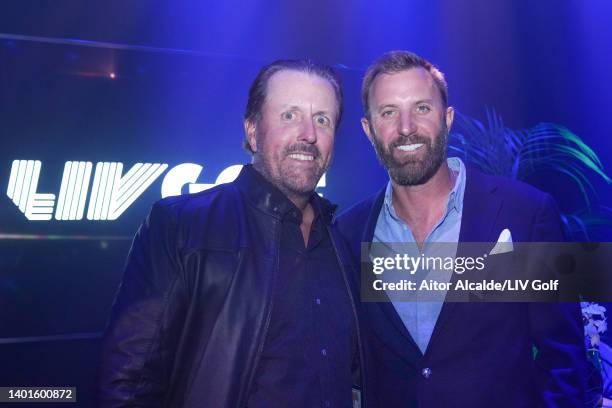Phil Mickelson and Dustin Johnson of The United States pose for a photograph during the LIV Golf Invitational - London Draft on June 07, 2022 in...