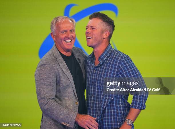 Greg Norman poses for a photograph with Talor Gooch of The United States during the LIV Golf Invitational - London Draft on June 07, 2022 in London,...