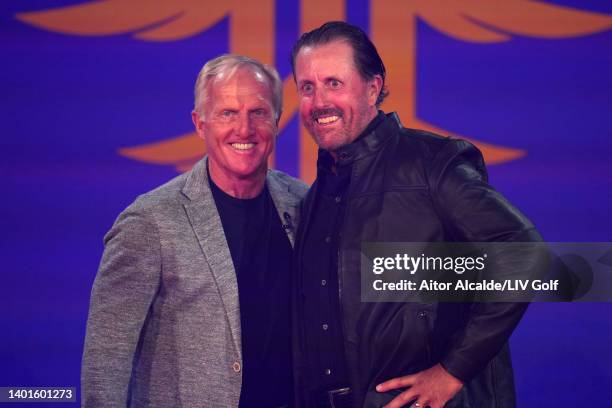 Greg Norman poses for a photograph with Phil Mickelson of the United States during the LIV Golf Invitational - London Draft on June 07, 2022 in...