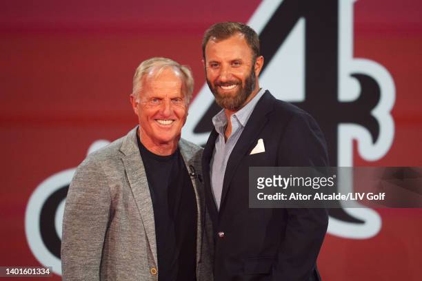 Greg Norman poses for a photograph with Dustin Johnson of The United States during the LIV Golf Invitational - London Draft on June 07, 2022 in...