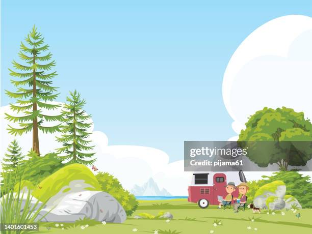 stockillustraties, clipart, cartoons en iconen met weekend in the forest. - roman landscapes