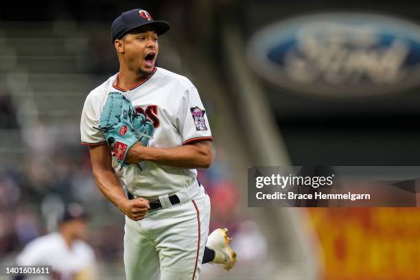 Chris Archer of the Minnesota Twins celebrates against the Detroit Tigers on May 23, 2022 at Target Field in Minneapolis, Minnesota.