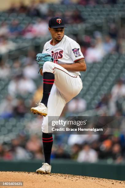 Chris Archer of the Minnesota Twins pitches against the Detroit Tigers on May 23, 2022 at Target Field in Minneapolis, Minnesota.