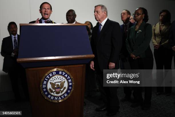 Sen, Richard Blumenthal speaks as Senate Majority Whip Sen. Richard Durbin and family members of Buffalo shooting victims listen during a news...