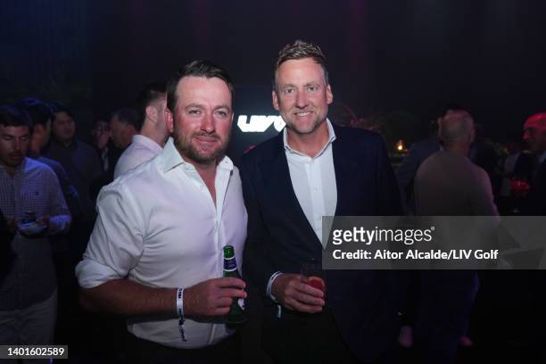Graeme McDowell of Northern Ireland and Ian Poulter of England pose for a photograph during the LIV Golf Invitational - London Draft on June 07, 2022...