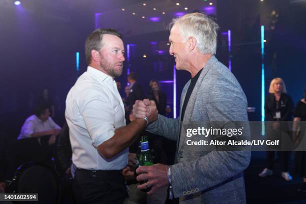 Greg Norman greets Graeme McDowell of Northern Ireland during the LIV Golf Invitational - London Draft on June 07, 2022 in London, England.