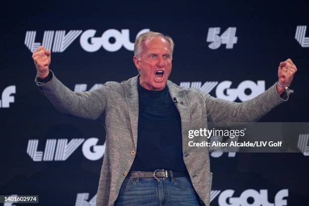 Greg Norman reacts during the LIV Golf Invitational - London Draft on June 07, 2022 in London, England.